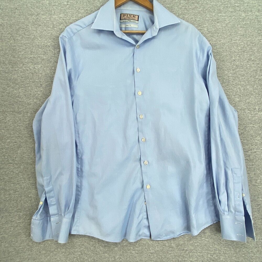 Pink London Shirt Mens 16 Blue Striped Button Up Slim Fit Long Sleeve Cotton